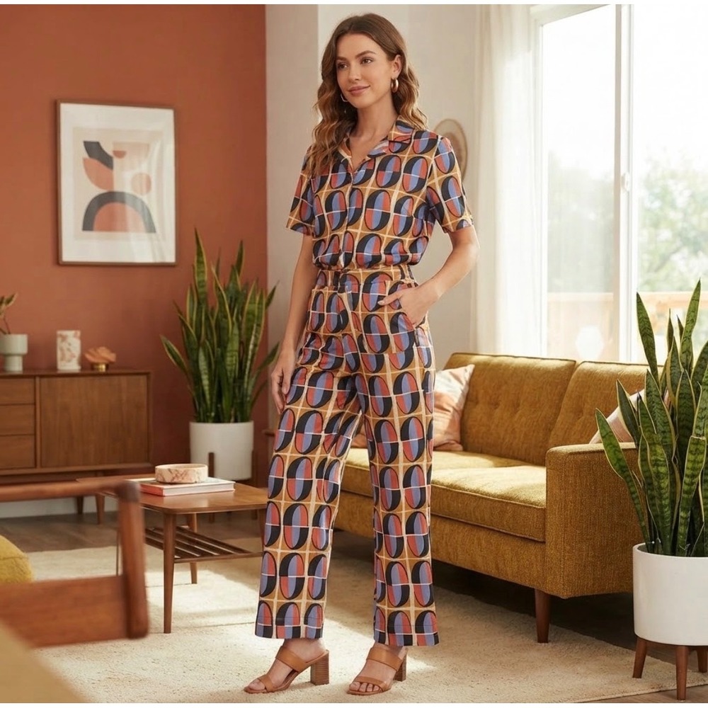 Zara Matching Set Womens S/XS Orange Blue Geometric Retro Crop Top Wide Leg Pant